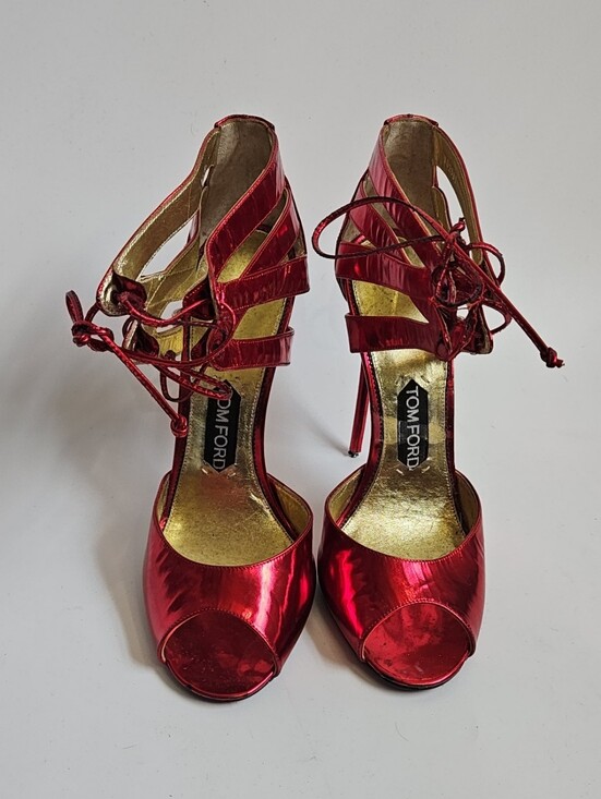 Tom Ford Shoes - Tom Ford Vintage Red Shiny Metallic Strappy Lace-Up Peep-Toe Stilettos Size 41.5
